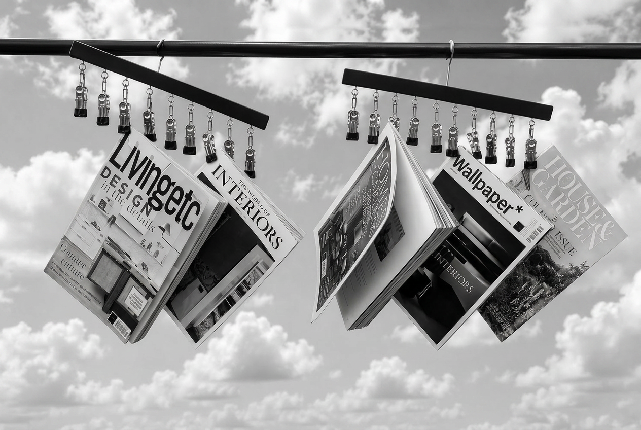 Black and white editorial scene of design magazines hanging from clips against a cloudy sky
