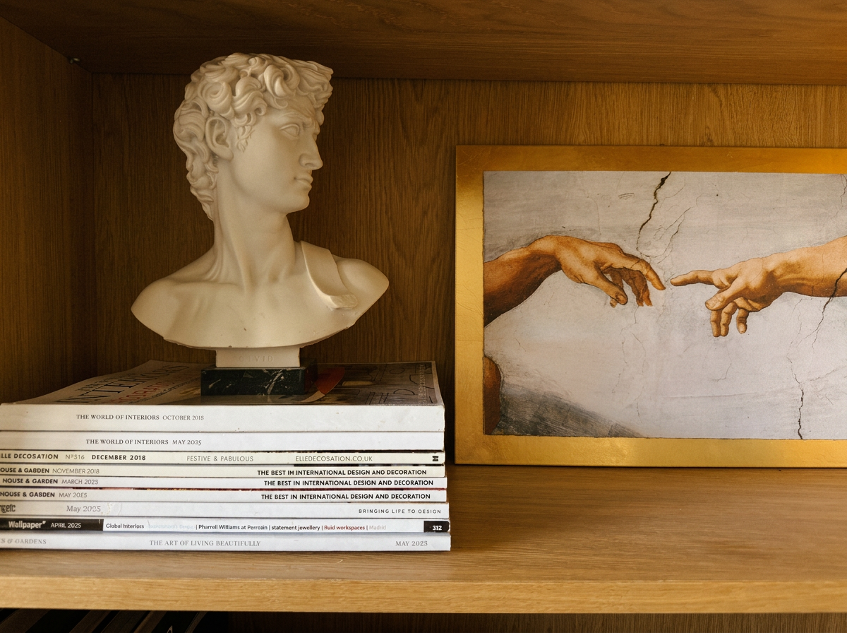 Editorial still life — a David bust on a stack of World of Interiors, House & Garden and Elle Decoration magazines beside a gilded Creation of Adam print